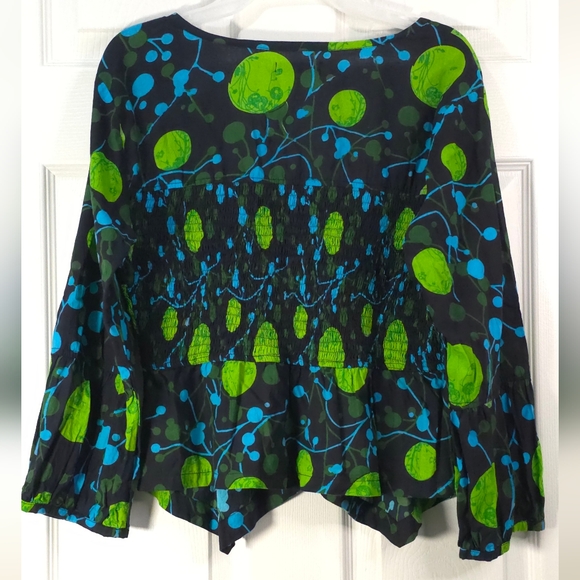 Nid d’abeilles Smocked Cotton Blouse Top Indie Psychedelic Print Size 4 - Picture 4 of 9